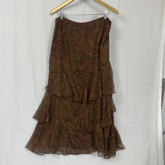 Ralph Lauren Silk Skirt Women 12 Brown Paisley Tiered Ruffle English Countryside - Picture 4 of 10